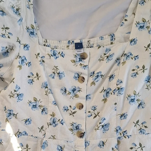 GAP Cream Mini Dress w/ Blue Floral Print Babydoll Dress Poplin Sleeves. Size L - Picture 2 of 2